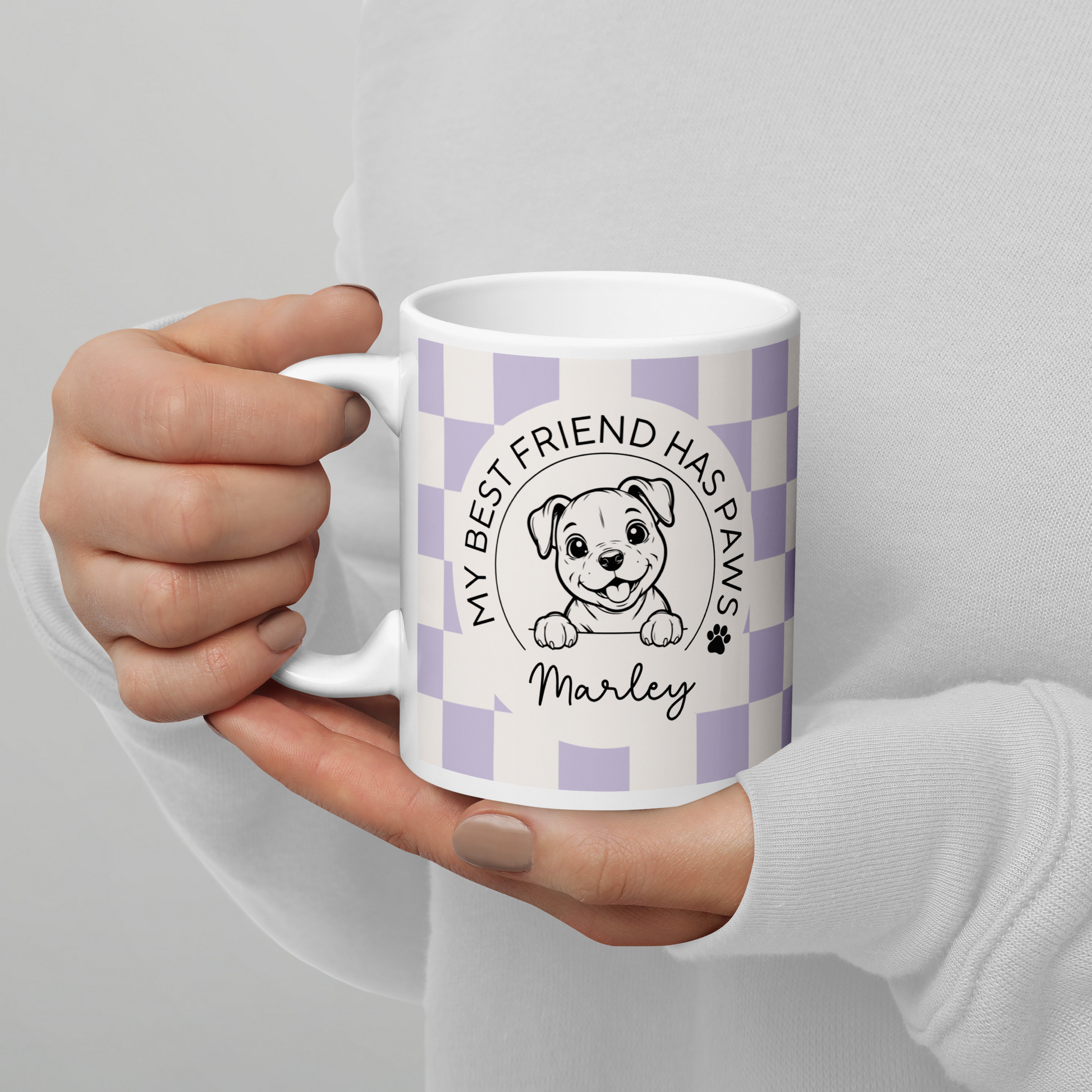 Personalised Staffy Dog Mug - Staffordshire Bull Terrier Best Friend Checkered Lilac - TLC Paws